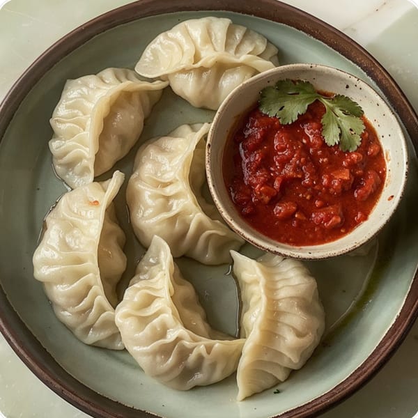Steamed Indian momos with pleated edges arranged on a plate with a side of red chili sauce.