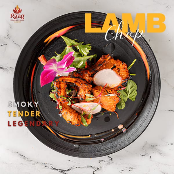 Raag Indian Fusion Cuisine's Lamb Chop dish, garnished with greens, radish, and an orchid.